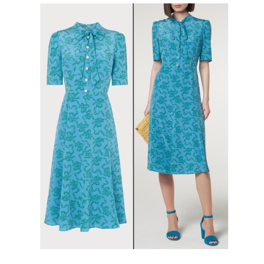 LK Bennett Silk Blue Montana Dress 4 w/ bow design, Pearl buttons